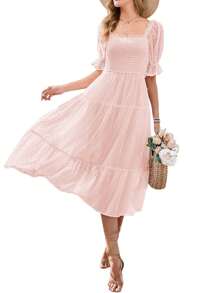 hoteel Women's Square Neck Puff Sleeve Boho Midi Dress Swiss Dot Ruffle Tie Back Dress - 粉色 - 查看 6