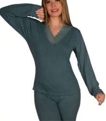 Women's Long Suede Winter Pajamas: Elegance With Lace V-Neck - màu xanh lá - Xem 3