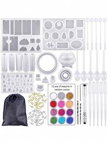 94 件/套（12 片亮片随机）水晶滴管首饰项链吊坠硅胶模具钻头套装 DIY 珠宝手工工艺品装饰 - 彩色 - 查看 1