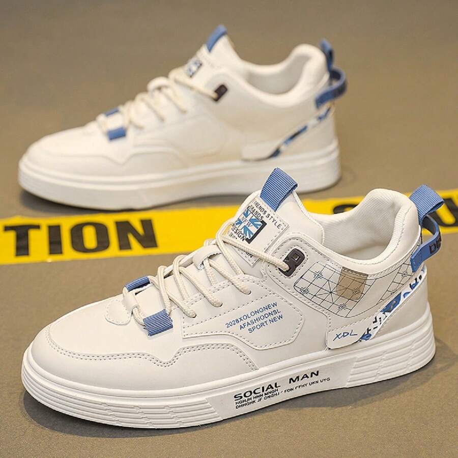 男士高帮系带小白鞋防滑工作鞋时尚运动鞋舒适透气休闲户外旅游鞋 - 藍色 - 查看 1