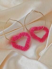 2 件套极简主义夸张大心形毛绒耳钉圈形耳环，别致粉色耳环，适合女士 - 玫紅色 - 查看 7