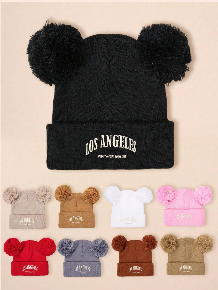 1 chiếc mũ len dệt kim thêu "LOS ANGELES" hai tua rua, mũ trượt tuyết ấm áp cho trẻ em và người lớn, mũ mùa đông phong cách Y2K, thích hợp cho trang phục thường ngày, ngoài trời, thời tiết lạnh - mũ dệt kim trẻ em - Xem 1