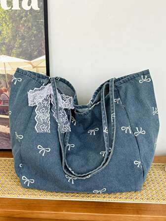 新款韩版休闲时尚百搭蓝色极具吸引力的蝴蝶结水洗帆布包，适合通勤、购物、学生返校，大容量甜美女士手提包，学生手提包，多个隔层，非常适合海滩、学校、工作和日常使用