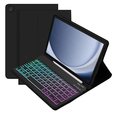 Avtagbart färgglatt bakgrundsbelyst Bluetooth-tangentbordsfodral för Samsung Galaxy Tab / iPad / Redmi Pad SE, ultratunt lätt stativskydd med pennfack (Apple Pencil ingår ej), svart fodral + svart tangentbord