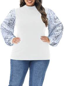 Women's Plus Size Sparkle Sequin Sweatshirt Mock Neck Pullover Long Sleeve Glitter Party Tops - 白色 - 查看 1