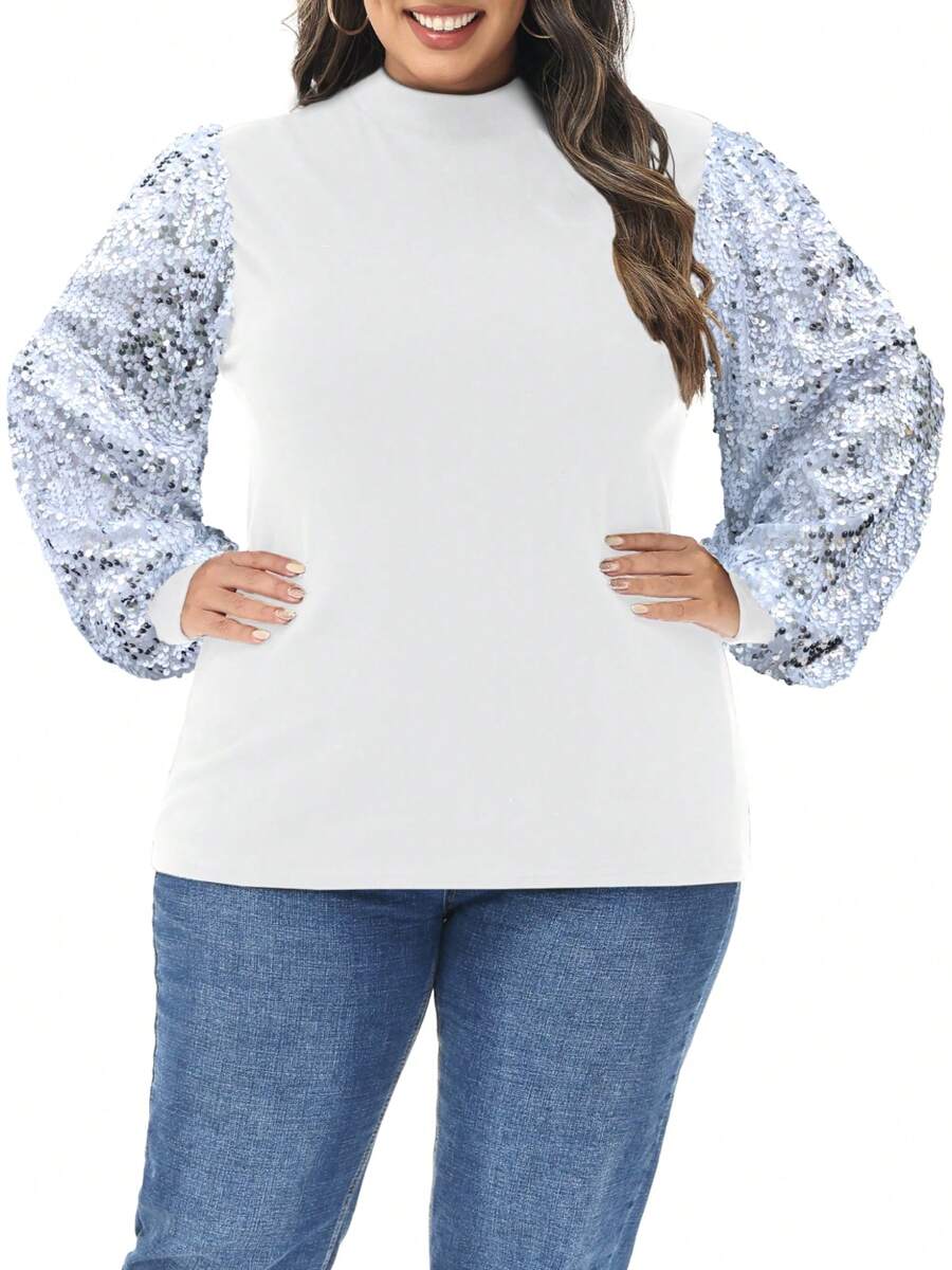 Women's Plus Size Sparkle Sequin Sweatshirt Mock Neck Pullover Long Sleeve Glitter Party Tops - 白色 - 查看 1