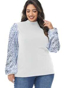 Women's Plus Size Sparkle Sequin Sweatshirt Mock Neck Pullover Long Sleeve Glitter Party Tops - 白色 - 查看 3