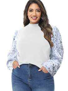 Women's Plus Size Sparkle Sequin Sweatshirt Mock Neck Pullover Long Sleeve Glitter Party Tops - 白色 - 查看 4