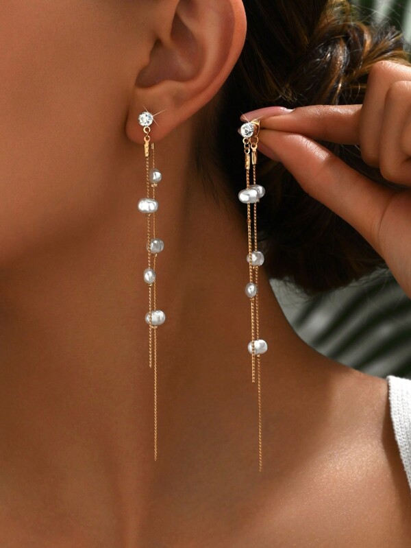 2pcs Fashionable INS Elegant Minimalist Faux Pearl Baroque Heart Pearl Tiny Stone Chain Tassel Convertible Front And Back Earrings, Suitable For Beautiful Women In Daily, Vacation, Party