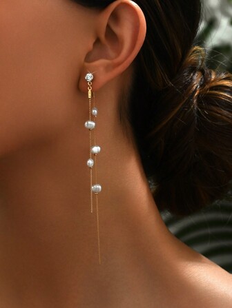 2 piezas Elegantes y de moda minimalistas Pendientes de perlas barrocas blancas y naranjas, con piedras pequeñas y puntos de perla, con cadena de cobre y borlas, con estilos de uso doble, adecuados para damas hermosas para uso diario, vacaciones y fiestas