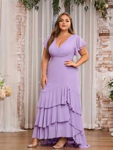 Women Plus Size Formal Ruffle Hem Flowy Bridesmaid Dress - Lilac Purple - View 5