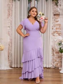 Women Plus Size Formal Ruffle Hem Flowy Bridesmaid Dress - Lilac Purple - View 3