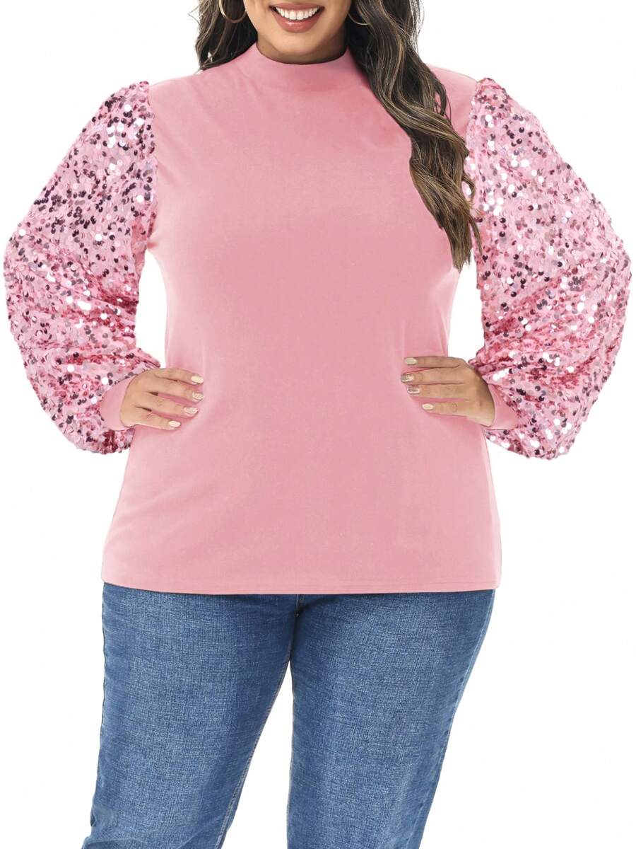 Women's Plus Size Sparkle Sequin Sweatshirt Mock Neck Pullover Long Sleeve Glitter Party Tops - Hồng - Xem 1