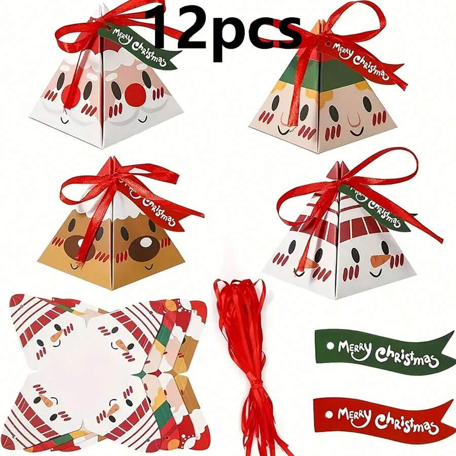 12pcs/Set Christmas Gift Boxes, Triangle Santa Claus Face Candy Gift Boxes Christmas Decorations Christmas Decor Christmas Gifts Christmas Party Supplies Christmas Gift Bags Christmas Bags Christmas Stickers - Multicolor - View 1