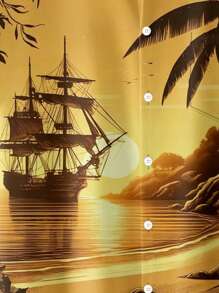 Plus Size Men's Hawaiian Sunset Seascape 3D Digital Print Button Pocket Short Sleeve Shirt, Summer