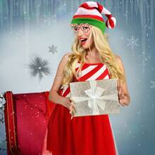 4 Stücke/Set Weihnachts-Kostüm-Accessoires für Frauen, bestehend aus Weihnachtsmann-Mütze mit Zuckerstangen, Zuckerbrillen, Tüllrock und gestreiften Socken