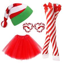 4 Stücke/Set Weihnachts-Kostüm-Accessoires für Frauen, bestehend aus Weihnachtsmann-Mütze mit Zuckerstangen, Zuckerbrillen, Tüllrock und gestreiften Socken