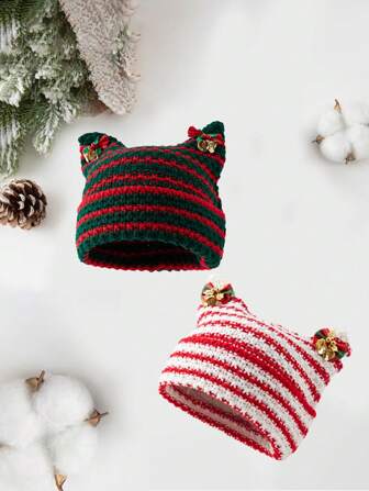 1pc Cute Cat Ear Christmas Contrast Color Knit Beanie Hat, Fashionable Bell Decor, Suitable For Holiday Party And Daily Wear