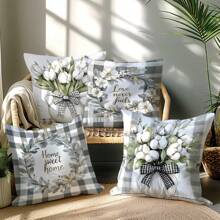 4pcs 17.7"X17.7" (45x45cm) Simple Plaid & Floral Print Cushion Covers (Single-Sided Printing), Suitable For Home Decor, Sofa, Bedroom, Car Pillow Covers (Inner Pillow Not Included)