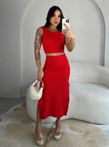 Anthonela Set, Women's Skirt And Cropped Set, With Detail And Tie At The Back, High Waist, Shaping Effect With Side Slits, Thick Ribbed, High Elasticity, Foreign Fashion Style Blogger Set - 紅色 - 查看 1