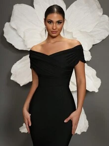 Off Shoulder Bandage Knit Bodycon Dress, Sexy European Style, Suitable For Family Gatherings, Parties, Banquets Wedding Elegant Spring - Black - View 6