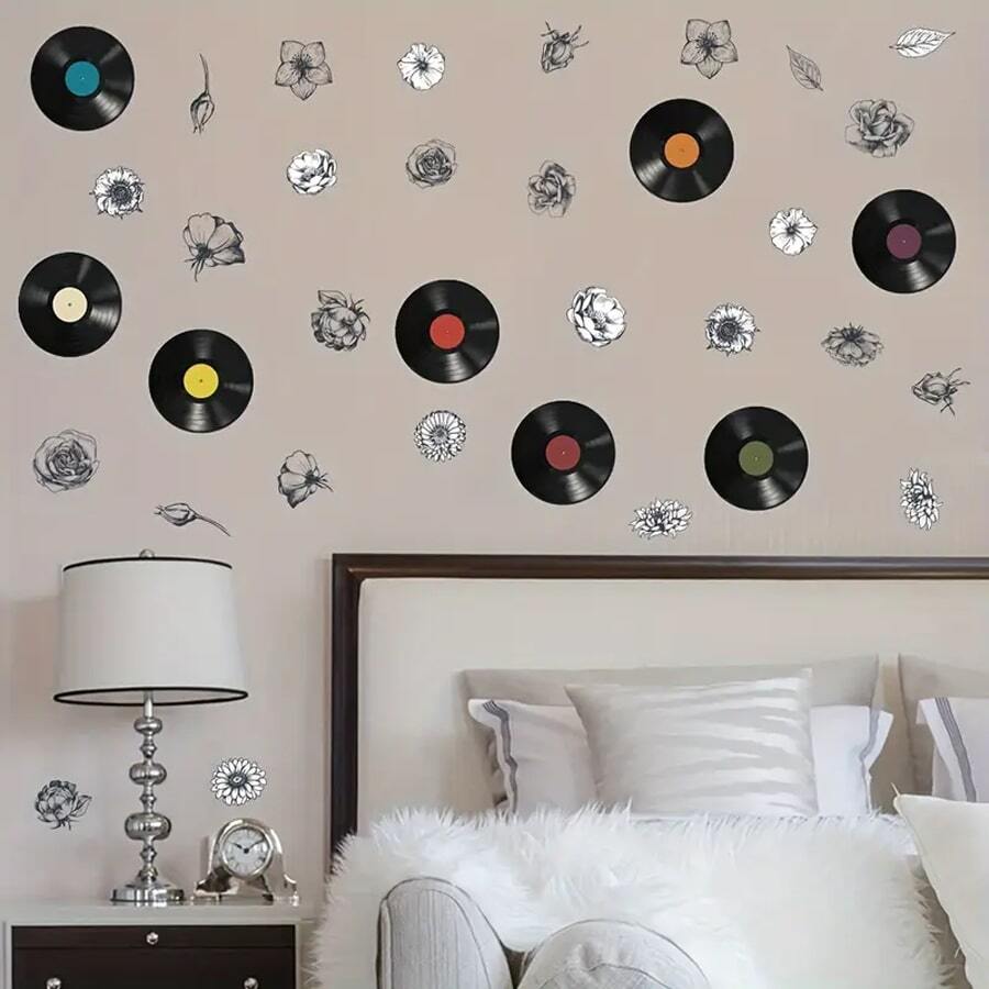 8 miếng dán tường thiết kế đĩa than, đồ trang trí tường tự dính có thể tháo rời cho phòng ngủ, phòng khách, lối vào - Nhiều màu - Xem 1