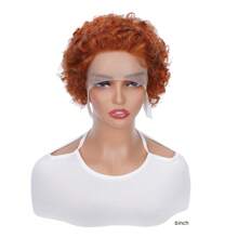 13x1 透明蕾丝前假发，精灵短假发，巴西蓬松卷曲波波头假发，#350 橙色假发 - 薑色 - 查看 2