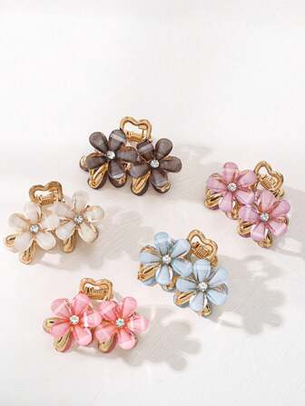 1/5 件水钻和花朵装饰时尚中号发夹，用于头发装饰优雅情人节情人爪夹发夹发夹发夹发夹发夹发夹秋冬发饰女士度假装女士