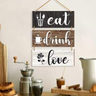 3 st rustik träskylt med ät-drick-kärlek-motiv, väggkonst, dekoration för matsal, bondgårdsliknande träväggdekoration för kök, bar, café, heminredning, rumsdekor, väggdekorationer, födelsedagspresenter, examen, köksdekor