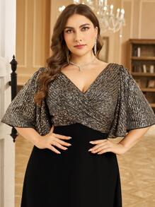 UNITHORSE Đầm maxi cỡ lớn thanh lịch cổ chữ V tay bồng đính sequin, chất liệu chiffon, thích hợp cho tiệc tùng, đám cưới, các dịp trang trọng, dạ hội, váy cưới, tiệc sinh nhật, lễ tốt nghiệp và nhiều dịp khác vào mùa xuân. - màu đen - Xem 4