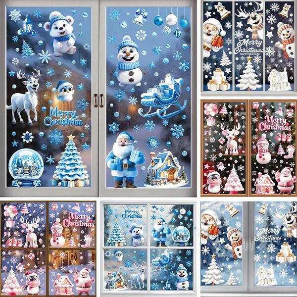 146pcs/143pcs/110pcs Christmas Window Clings Set - Merry Christmas & Happy New Year PVC Window Decals With Snowflakes, Gift Boxes, Santa Claus, Reindeer And Snowman - No Feathers, Static Cling Stickers, For Holiday Decorations, Easy To Apply And Remove