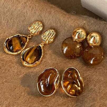 3 Pairs Of Vintage Elegant Amber Color Resin Inlaid Earrings For Women, Versatile Formal Wear For Daily, Party, And Ball