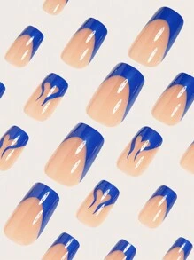 24 Peças Conjunto de Unhas Postiças de Estilo Chique para o Outono e Inverno, em formato quadrado médio, com Pontas em Azul Marinho, Azul Francês e Elegantes Detalhes em Forma de Coração, Que se Encaixam Perfeitamente, Kit de Unhas Postiças para Cobertura Total, Inclui 1 Peça folha de Adesivos e 1 Peça Lixa Pequena, para Uso Diário, Festas em Casa e Feriados, Acessórios de Jóias Femininas, Pontas de Unhas Falsas, 1 Peça Tira de Lima, Gel Jelly, Envio Aleatório