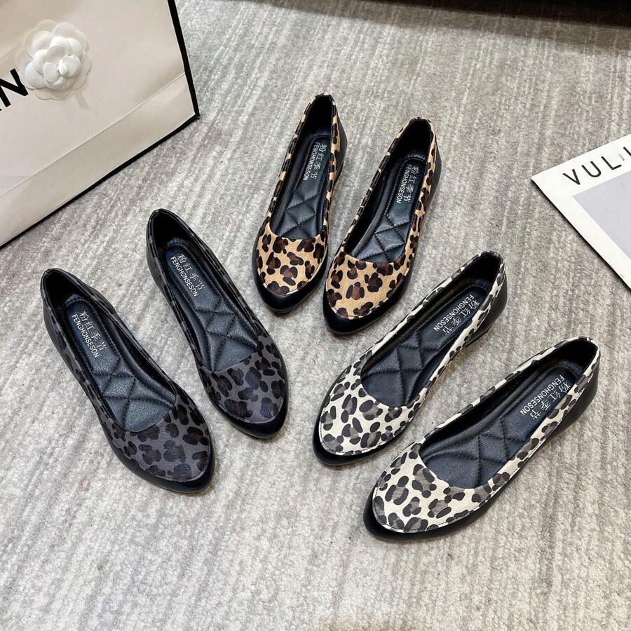 尖头拼色豹纹一脚蹬潮流时尚百搭都市户外女士平底鞋 - 米色 - 查看 1