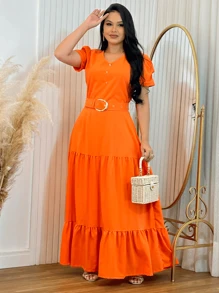 Long Loose Party Dress With V-Neck Belt - Orange - View 3
