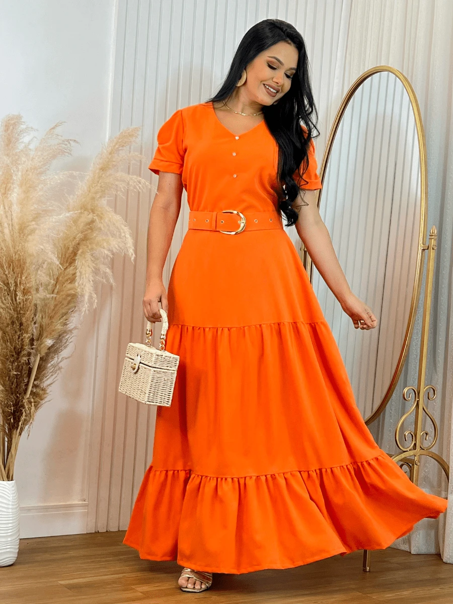 Long Loose Party Dress With V-Neck Belt - Orange - View 1
