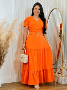 Long Loose Party Dress With V-Neck Belt - Orange - View 4