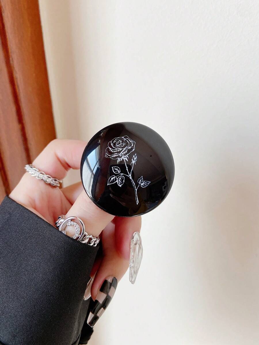 1 chiếc giá đỡ điện thoại có thể thu vào bằng thủy tinh pha lê họa tiết hoa hồng, bề mặt bóng mịn, nhẹ và di động, có thể dùng làm quà tặng - màu đen - Xem 1