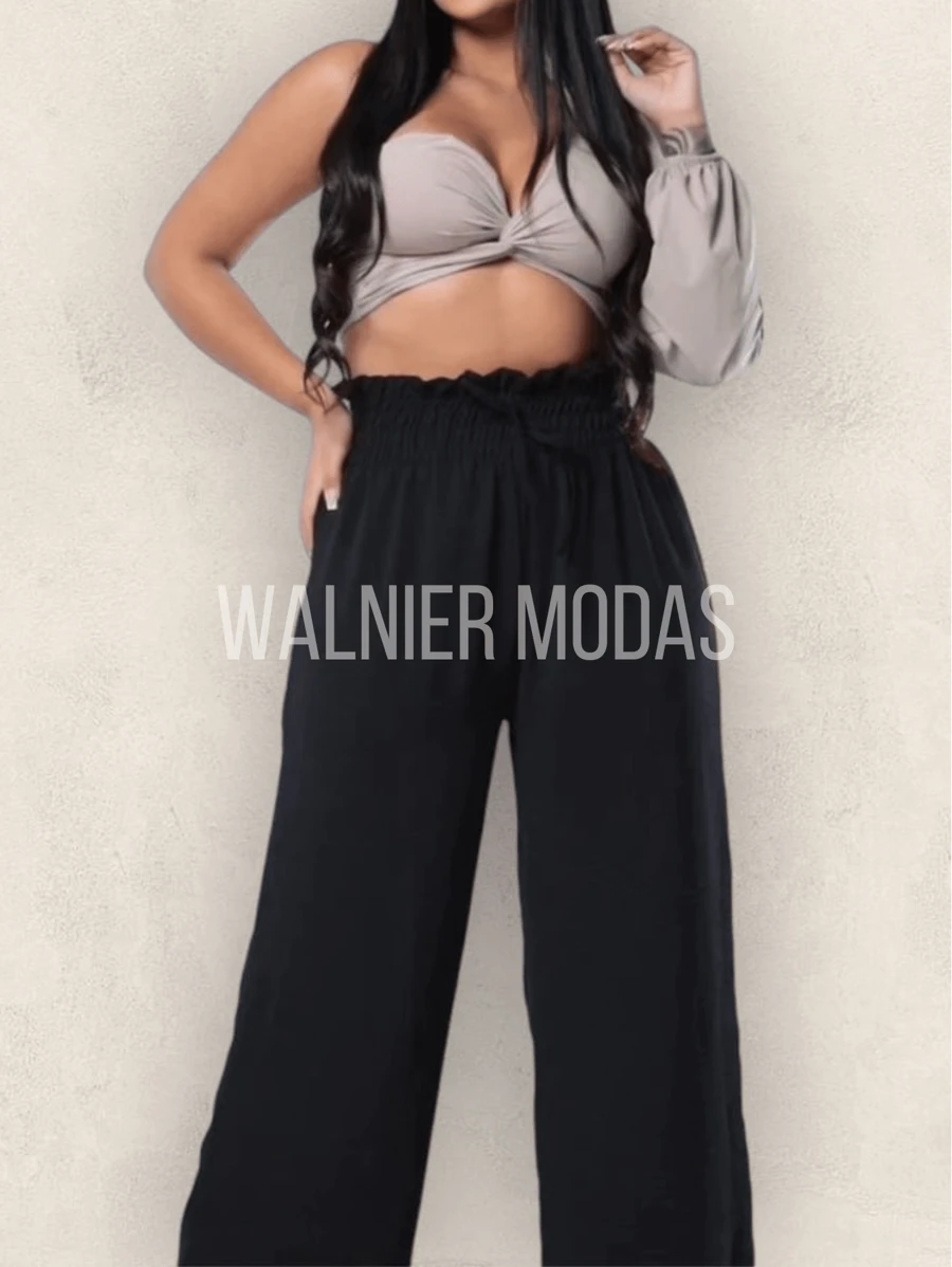 Wide Leg Pants With Lined Elastic Belt - 黑色 - 查看 1