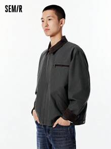 SEMIR Áo khoác Detroit cổ điển dành cho nam thu 2024 dáng rộng, thiết kế chắp vá hợp thời trang - Màu xám đen - Xem 2