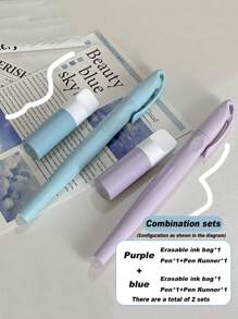 1 Set Cartoon Ink Cartridge Fountain Pen Set, Blue, Green, Grey, Purple, Clear Blue Pen Refills, Suitable For Students, Erasable And Replaceable Ink Cartridge Practice Pen Back To School