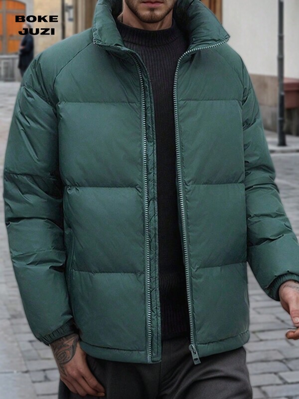 Men's Relaxed Stand-Up Collar Zippered Solid Color Warm Puffer Jacket