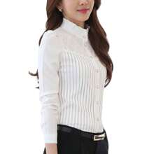 Womens Vintage Victorian Pleated Button Down Shirt Long Sleeve Stretch Blouse - White Turtleneck - View 5