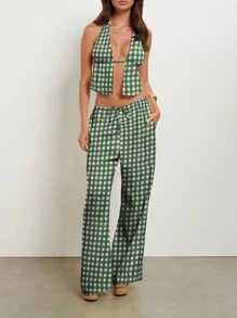 Women Summer Pants Outfits Stripe Tie-Up Halter Neck Backless Sleeveless Tank Tops Wide-Leg Pants 2 Pieces Clothes Set - màu xanh lá - Xem 2