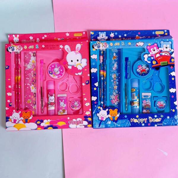 Cartoon Stationery Gift Set, 9pcs Children Creative School Supplies Learning Gift (Packaging Color Random)