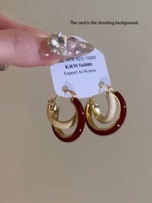 1 Pair 2pcs Burgundy Color Block French Retro Design Personalized Elegant Earrings, High-End Luxe Earrings For Autumn/Winter - Red and White - View 4