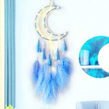 Handmade Dreamcatcher With Moon Design, Multiple Colors, Luminous Gift Suitable For Various Occasions, Feminine Dreamlike Bedroom Decor Decoration Home Decor, Room Decor, Wall Decor E-I-D - Blue - View 3