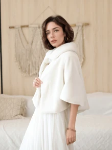 1 件简约百搭仿貂皮新娘披肩，女士冬季时尚新款新娘婚纱披肩外套，加厚保暖披肩罩衫保暖毛绒披肩秋装女士 - A - 查看 10