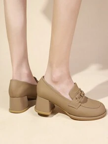 Giày lười đế vuông cổ điển cho nữ, mũi tròn, mềm mại và thoải mái, thời trang, xuân/thu - Màu Khaki - Xem 3