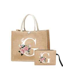 一套两只亚麻手提袋 - 一只印有 A-Z 字母，另一只印有字母和花卉图案，适合母亲节、个性化礼物等场合。黄色亚麻手提袋配白色提手，大小手提袋组合，完美适用于婚礼、生日、海滩、节日等场合 - 送给女性、母亲、教师、朋友、伴娘、学生、返校季的理想礼物（提供两只装和单只装两种选择）。 - 卡其色 - 查看 25